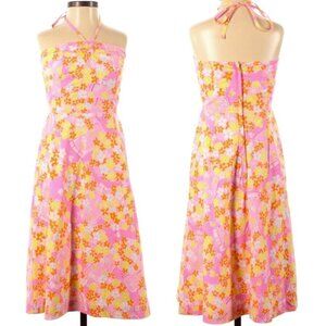 Lilly Pulitzer Pink White Yellow Floral Midi Halter Dress Size 0‎ Cotton Barbie